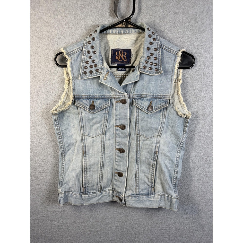 Rock & Republic Vest Womens Small Blue Studded Denim Sleeveless Biker Punk Style